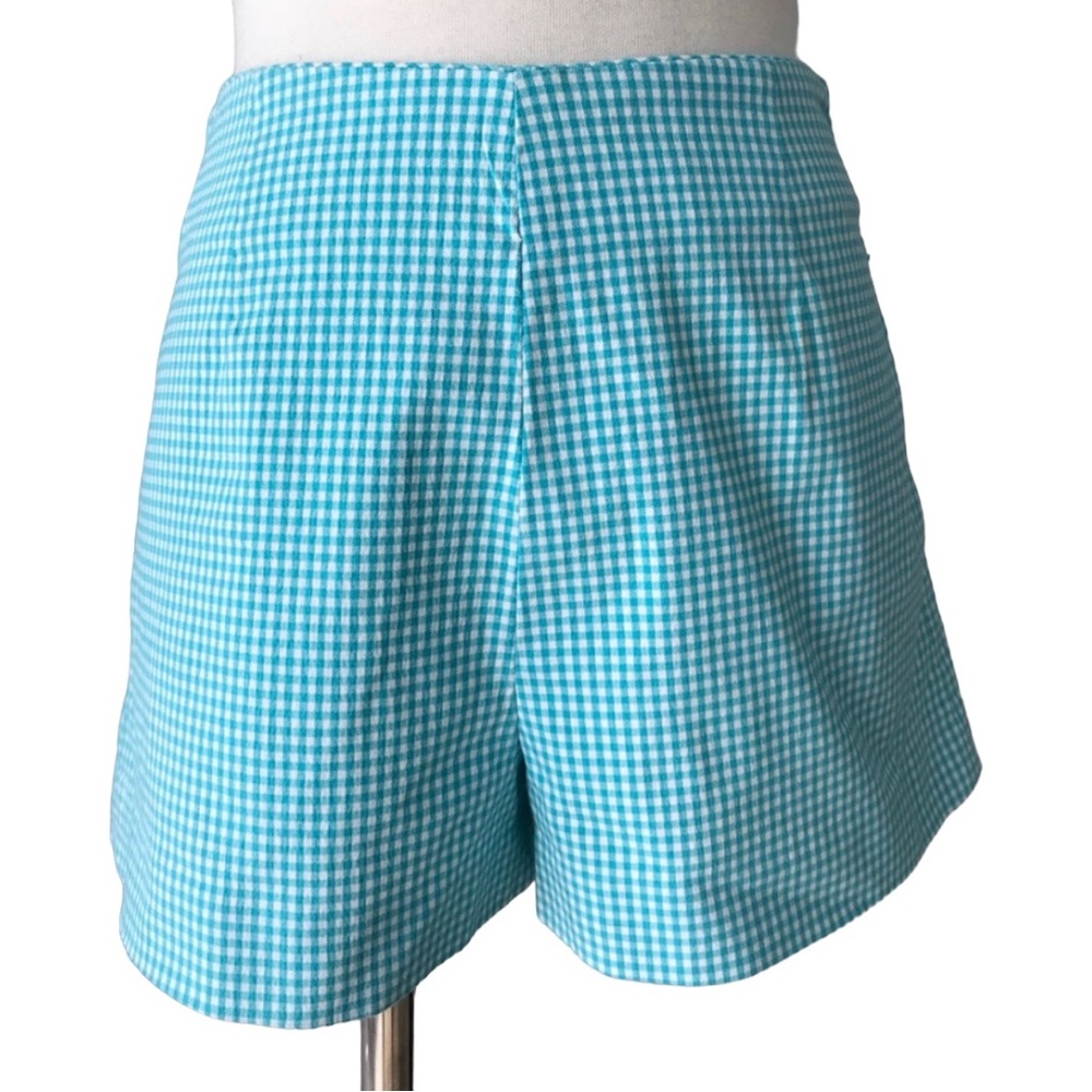 High Waisted Shorts Teal & White Checkered side zip NEW Medium Express Vintage